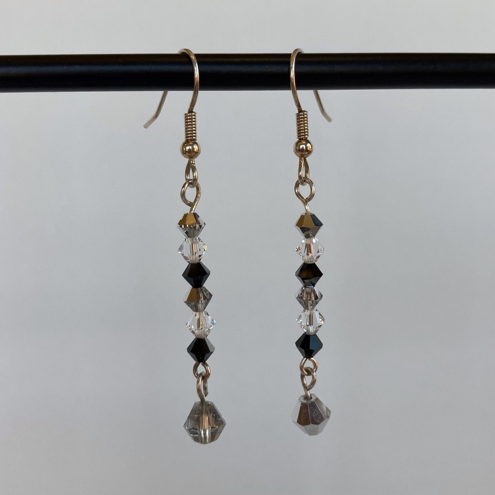 HAND CRAFTED Dazzle EARRINGS Silver & Black Czech Crystal Bi-cones Dangle NWT - Picture 9 of 9